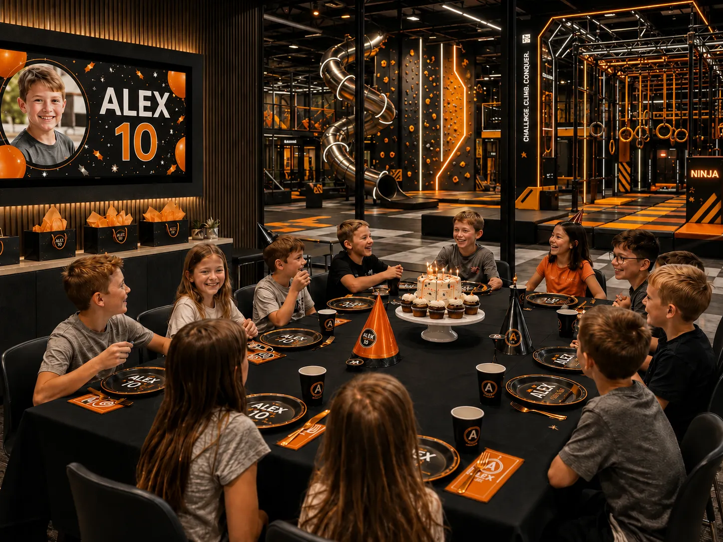 Kids celebrating birthday party at AI Experience Park with personalized decorations, cake, and ninja course in the background