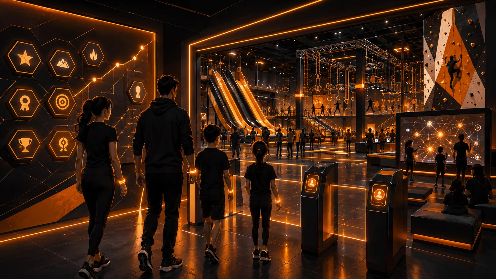 Family entering AI Experience Park with glowing orange neon lights, climbing walls, slides, and interactive achievement badges